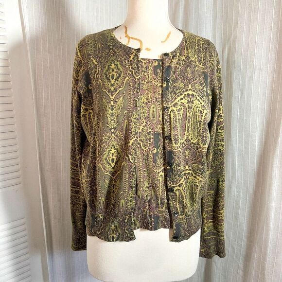 Y2k Liz Claiborne Two Piece Abstract Beige Green Cardigan Set - Size X/XL - Picture 1 of 6
